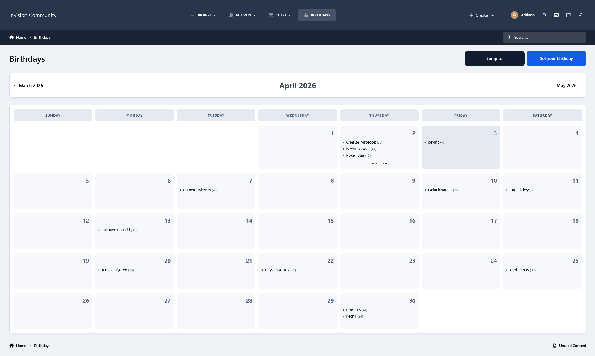 Birthday Calendar